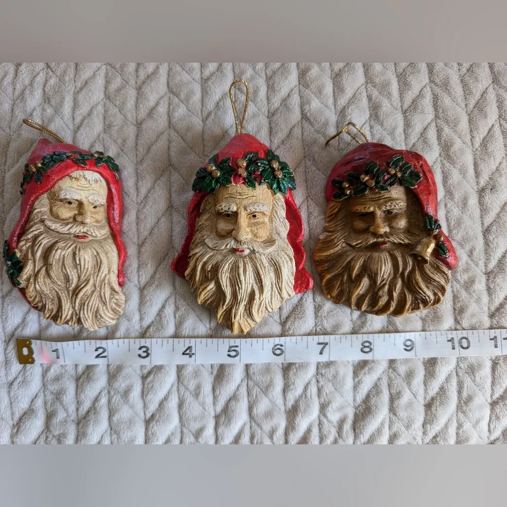Vtg Old World Santa Face Head Christmas Ornament Woodland, Victorian, Foam Lot 3